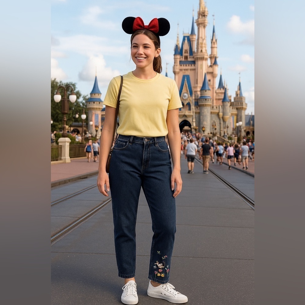 DISNEY Vintage Mickey Embroidered Mom Jeans Size M High Rise Dark Wash